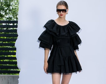 Black Taffeta Mini Dress: Ruffle Tulle Party Dress