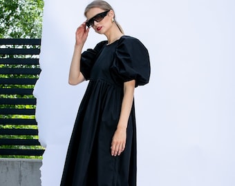 Black Cotton Dress with Puff Sleeves, Below The Knee Dress, Plus Size Black Dress, Puff Sleeve Dress, Vintage Style Dress with Short Sleeves