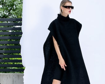 Black Wool Poncho with Turtleneck, Wool Cape, Black Wool Cape, Poncho Women