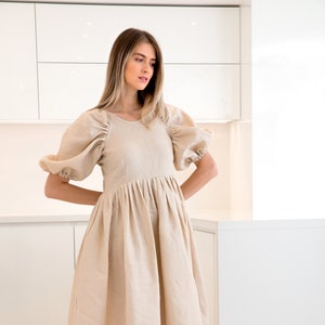 Beige Linen Dress With Oversized Puff Sleeves, Linen Boho Clothing, Linen Midi Dress, Vintage Style Summer Dress image 1