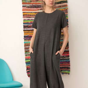 Linen Jumpsuit for Women, Baggy Jumpsuit with Pockets and Belt, Maxi Jumpsuit, Gray Harem Jumpsuit, Linen Clothing, Drop Crotch Jumpsuit