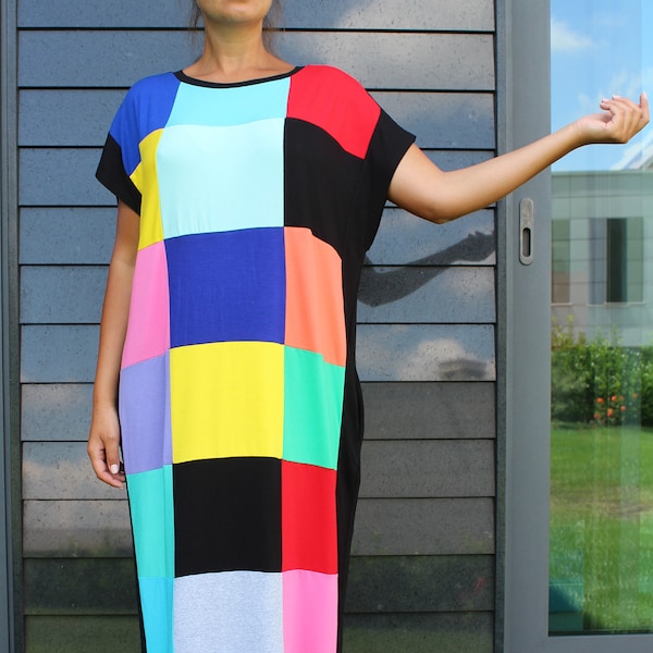 Patchwork Dress, Colorblock Dress, Plus Size Clothing, Colorful Kaftan Dress, Long Dress, Pocket Dress, Festival Dress, Loose Maxi Dress