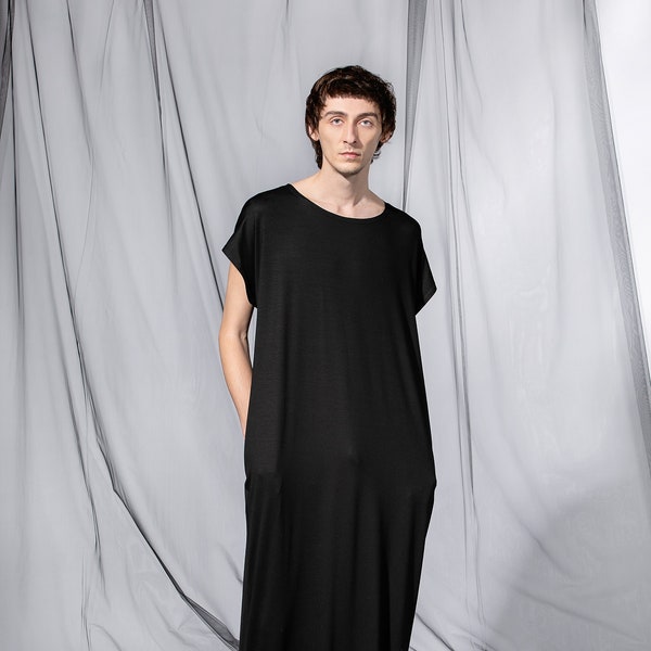 Minimalist Robe For Man, Black Kaftan, Men's Loungewear, Oversized T-shirt, Men's Dress, Men's Comfort Wear, Futuristic Men's Fashion