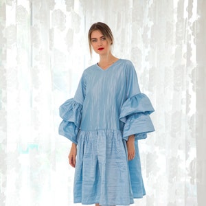 Sky Blue A Line Dress, Taffeta Dress, Ruffle Sleeve Dress, Cocktail Dress, Summer Loose Dress, Plus Size Clothing, Extravagant Dress, Lolita