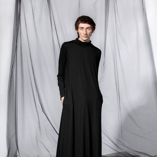 Men Robe In Black, Unisex Dress, Maxi Dress for Men, Minimalist Dress, Futuristic Clothing For Men, Long Sleeve Black Dress