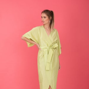 Pastel Green Taffeta Dress, Kimono Dress With Wide Sleeves, Wrap Midi Dress, Tulip Dress With Belt image 2