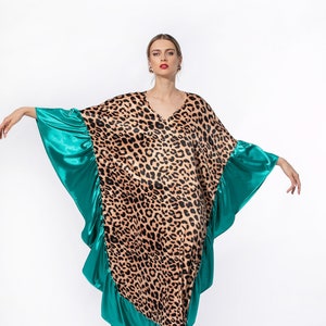Maxi Kaftan Dress in Satin, Leopard Maxi Dress, Plus Size Caftan Dress, Animal Print Dress With Emerald Green Details, Plus Size Kaftan