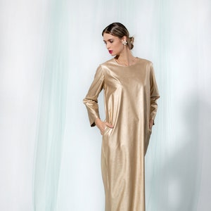 Gold Faux Leather Dress, Minimalist Dress, Elegant Maxi Dress, Evening Dress, Long Dress With Pockets and Long Sleeves, Cocktail Dress