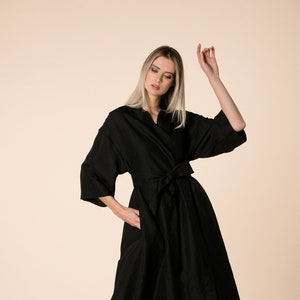 Black Linen Dress, Linen Maxi Dress, Linen Kimono Dress, Linen Clothing, Long Sleeve Dress, Linen Belt Dress, Linen A Line Dress, Bohemian image 2