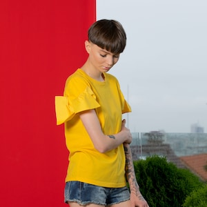 Cotton Top, Yellow Blouse, Designer Top, Yellow Tshirt, Loose Tshirt, Avant Garde Clothing, Party Tshirt, Futuristic Clothing, Summer Blouse