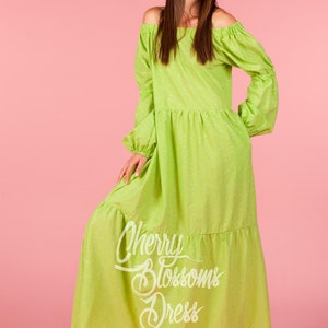 Cotton Dress in Size M, Green Dress, Boho Dress, Maxi Dress, Bishop Sleeves Dress, Long Sleeve Dress, Summer Dress, Bohemian Clothing