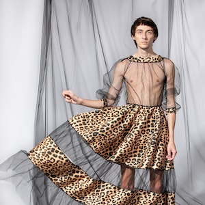Dress for Men, Futuristic Clothing For Men, Neoprene Maxi Dress With Tulle And Animal Print, Avant Garde Festival Clothing