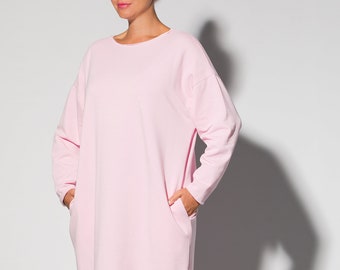 Robe rose Dejumper, Robe de poche, Robe en coton épais, Robe d'hiver, Robe ample, Robe pull, Robe décontractée, Vêtements minimalistes, Taille Plus