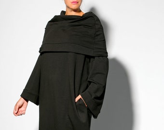 Winter Dress for Woman, Black Midi Dress, Long Sleeve Dress for Winter, Comfortable Dress in Black, Plus Size Dress