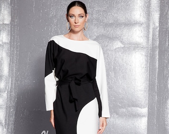 Black And White Dress, Elegant Dress, Midi Dress, Plus Size Dress, Long Sleeve Dress, Winter Dress, Party Dress, Evening Dress, Belt Dress