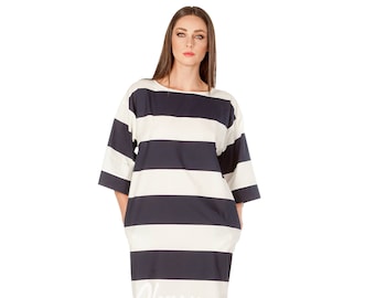 Striped Cotton Dress, Minimalist Dress, Pencil Dress, Wide Sleeve Dress, Column Dress, Summer Cotton Dress, Loose Long Dress with Pockets
