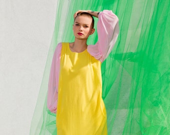 Yellow Summer dress, Puffy sleeves dress, balloon sleeves dress, bridesmaid dress, Long loose Dress, plus size clothing, romantic dress,