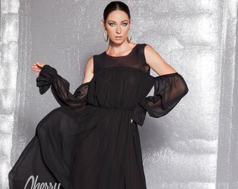 Evening Gown, Black Dress, Off Shoulder Dress, Chiffon Dress, Elegant Dress, Plus Size Clothing, Flare Dress, Maxi Dress, Gothic Dress