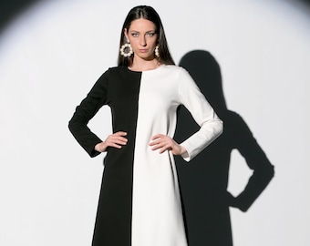 Kaftan Dress, Maxi Dress, A Line Dress, Long Sleeve Dress, Winter Dress, Black and White Dress, Avant Garde Clothing, Plus Size Dress