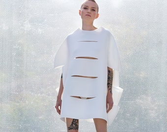 White Cover Up, Festival Dress, Futuristic Dress, Neoprene Circle Top with Cutouts, Festival Clothing, Avant Garde Women Top