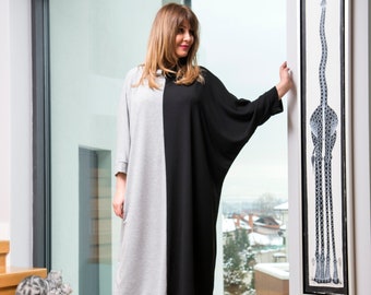 Color Block Dress In Black And Gray, Knitted Winter Dress, Long Batwing Sleeve Dress, Winter Maternity Dress, Plus Size Clothing