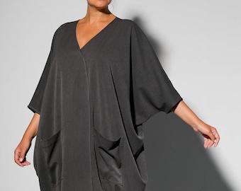 Women Gray Dress, Kaftan Dress, Batwing Dress, Loose Dress, Flare Dress, Minimalist Clothing, Plus Size Dress, Oversize Dress, Pocket Dress