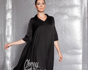 Black Satin Dress, Elegant Evening Dress with Mid Sleeves and V-neck, Loose Fit Dress, Plus Size Flare Dress, Satin Dress in Black