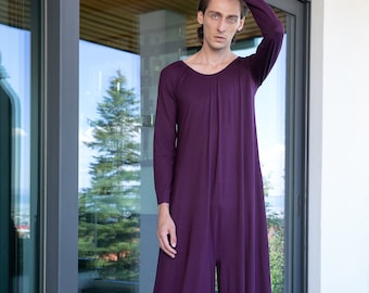 Gender-Neutral Adult Jumpsuit, Wide Leg Eggplant Jumpsuit, Loose Fit Unisex Clothing, Plus Size Overall, Minimalist Clothing