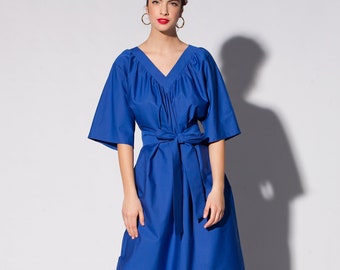 Royal Blue Cotton Maxi Dress, Summer Dress with Sleeves and pockets