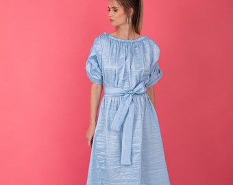 Blue Taffeta Dress, Blue Maxi Dress, Puffy Dress, Puffy Sleeve Dress, Taffeta Dress Plus Size, Romantic Dress, Occasion Dress, Elegant Dress