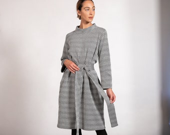 Knitted Dress with Mock Neck And Belt, Striped Winter Dress, Long Sleeve Dress in Gray, Midi Tunic Dress Women