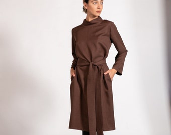 Brown Wool Winter Dress With Turtleneck And Belt, Office Midi Dress, Brown Dress With Pockets, Midi Dress For Work, Wool And Cotton Dress