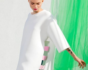 White Tunic Dress, White Neoprene Tunic, Neoprene Dress, Avant Garde Tunic, Extravagant Clothing, White Cover Up, Futuristic Clothing, Tunic