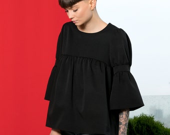 Sale Women Black Top, Ruffle Top, Puffy Sleeve Top,Size Small Top, Bohemian Blouse, Black Loose Top, Gothic Top, Elegant Blouse,Cocktail Top