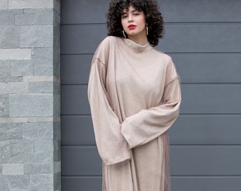 Oversized Sweater Dress, Winter Dress for Holidays, Long Sleeve Dress in Beige, Plus Size Dress, Avant Garde Jumper Dress