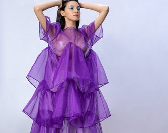 Long Purple Dress, Organza Dress, Ruffle Maxi Dress, Bridesmaid Dress, Prom Dress, Sheer Maxi Dress, Long Sheer Dress, See Through Dress