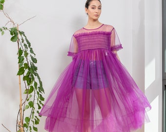 Purple Tulle Dress, Tutu Dress, Prom Dress, Sheer Dress, Puff Dress, See Through Dress, Summer Party Dress, Mesh Dress, Avant Garde Dress,