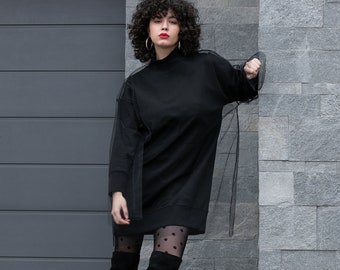 Black Oversized Sweater Dress with Tulle, Avant Garde Tunic Dress with Long Sleeves, Black Winter Midi Dress, Black Jumper Dress, Plus Size