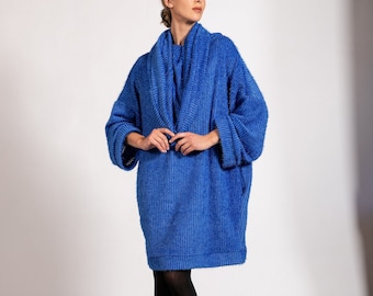 Oversized Sweater with Wide Sleeves and Cowlneck, Winter Dress, Sweater Dress in Blue, Casual Dress