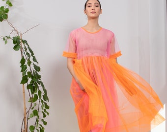 Rosa und Orange Tüll Kleid, Villanelle Kleid, Sheer Sommerkleid mit kurzen Ärmeln, Durchsichtiges Kleid, Langes Romantisches Kleid, Mitte Wade Kleid