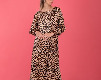 Satin Long Sleeve Dress in Animal Print, Long Maxi Dress, Loose Summer Dress, Elegant Maxi Dress, Leopard Print Dress, Party Dress Women