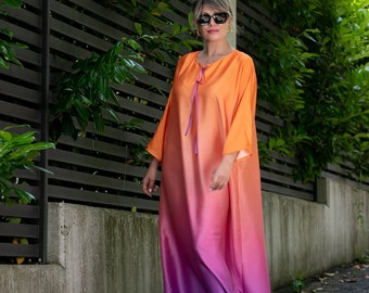 Ombre Satin Dress in Orange and Purple, Kaftan Luxury Dress, Caftan Dress With Long Sleeves, Elegant Loose Maxi Dress, Summer Party Dress