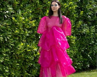 Pink Organza Dress, Ruffle Maxi Dress, Bridesmaid Dress, Prom Dress, Sheer Maxi Dress, Long Sheer Dress, See Through Dress, Wedding Guest