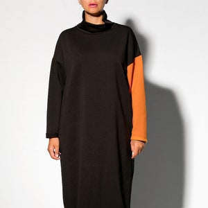 Black Shift Dress With Orange Sleeve, Winter Turtleneck Dress, Plus Size Clothing, Casual Women&#39;s Dress For Fall, Thick Cotton Dress
