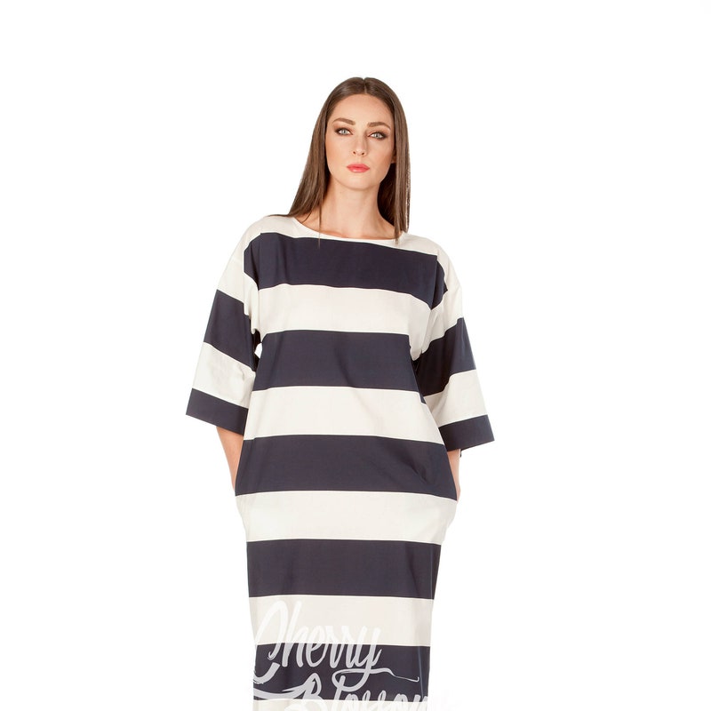 Navy and Cream Striped Cotton Tee Shirt Dress