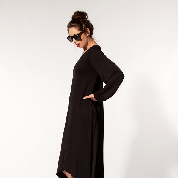 Vêtements d'intérieur pour femmes, Robe de détente noire, Robe tunique d'hiver, Robe à manches longues, Robe d'intérieur confortable, Vêtements grande taille, Robe asymétrique