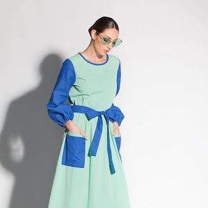 SALE Dress, Mint and Blue A Line Dress, Colorblock Dress, Two Color Maxi Dress, Long Sleeve Dress Maxi, Cotton Maxi Dress, Caftan Dress