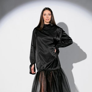 Black Cocktail Dress With Tulle Detail, Gothic Clothing Women, Long Sleeve Dress With High Neck, Loose Fit Winter Dress, Plus Size Dress