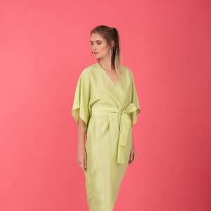 Pastel Green Taffeta Dress, Kimono Dress With Wide Sleeves, Wrap Midi Dress, Tulip Dress With Belt image 1