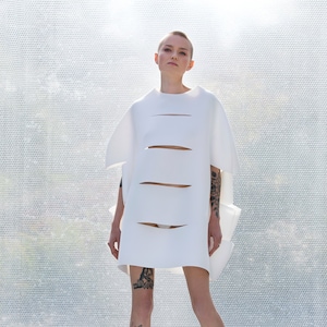 White Cover Up, Festival Dress, Futuristic Dress, Neoprene Circle Top with Cutouts, Festival Clothing, Avant Garde Women Top